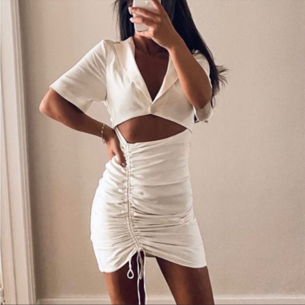 New ZARA White Ruched Cut-Out Dress